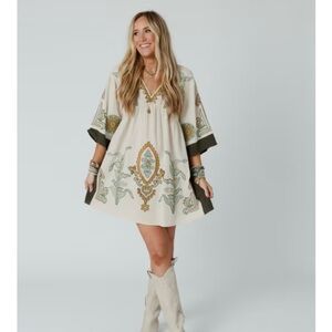 Mint Green Long Sleeve V Neck Floral boho bohemian Embroidered Dress
